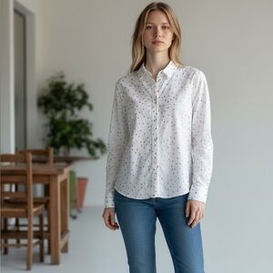 Talbots White Button Down Shirt,Shiny Gold Dots&Buttons